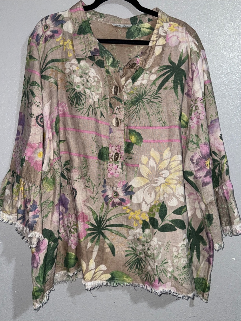 John Mark Beige Floral Button-Front Linen-Blend Tunic with Pink & Green Accents